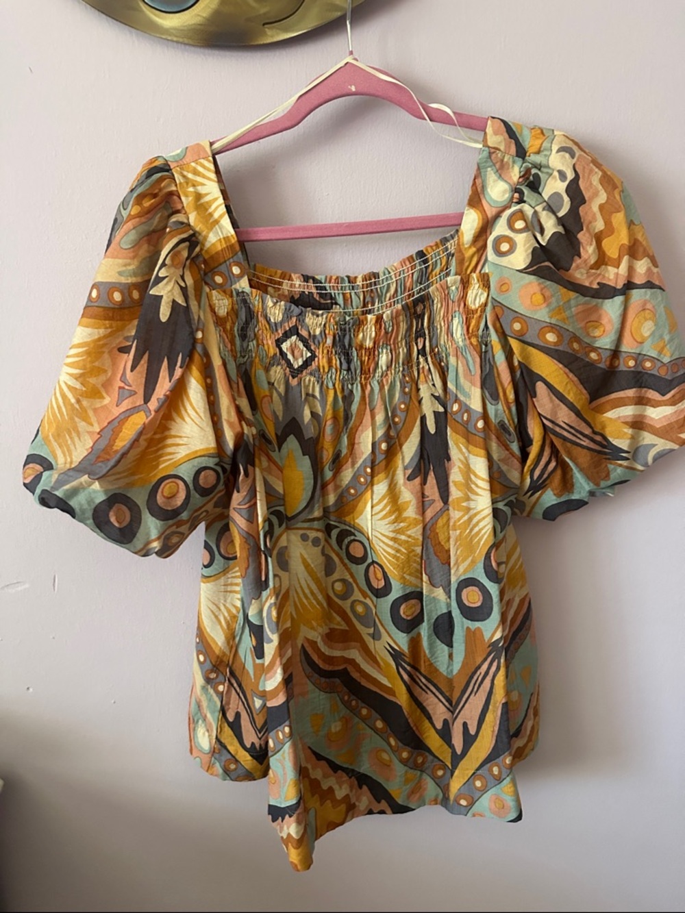 Umgee Multicolor Smocked Sleepwear Top in Blue, Brown, Cream & Tan - Picture 2 of 5